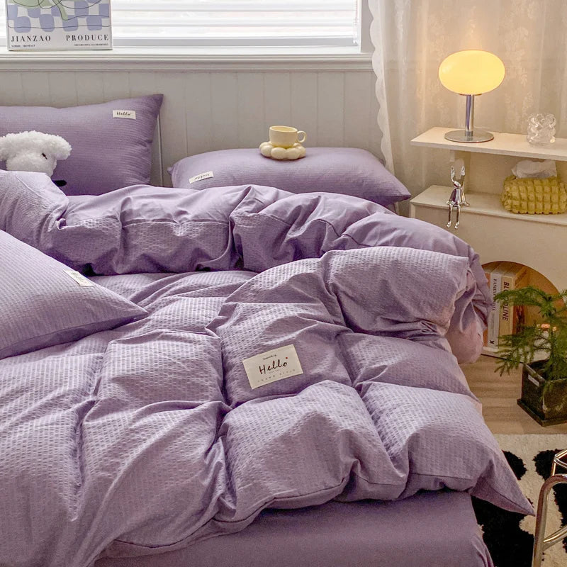 Iins Seersucker Washed Cotton Four-Piece Bedding Set Cotton Solid Color Quilt Cover Set Bedding Three-Piece Set Bed Sheet