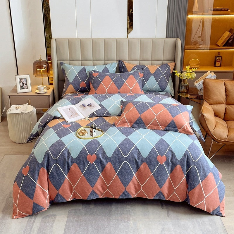 4pcs Autumn and Winter Thickening Soft Bedroom Bedding Set Home Textile Geometric Pattern Sheet Quilt Cover Pillowcase