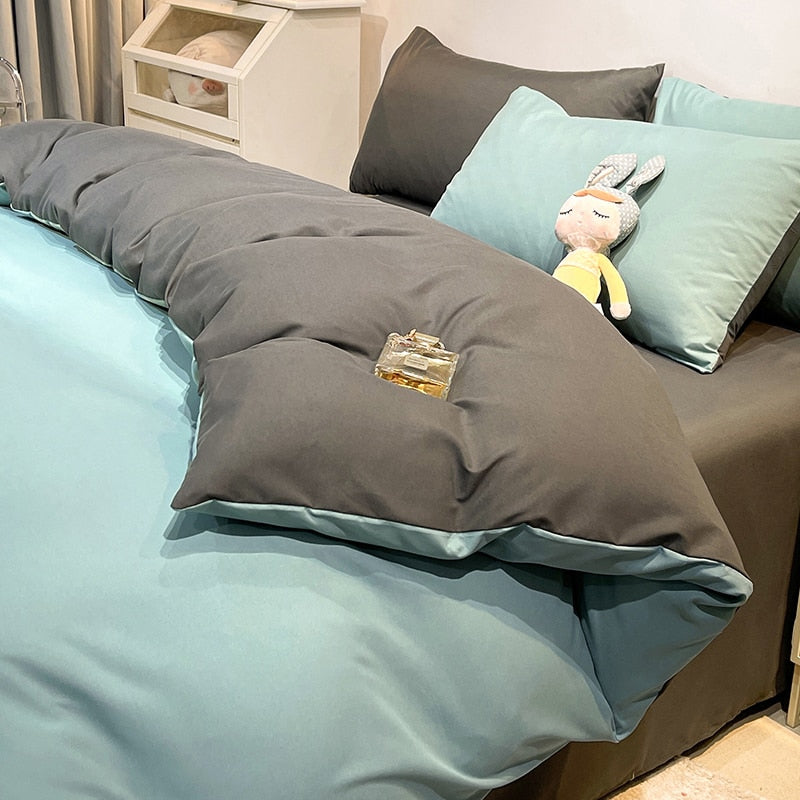 100% Cotton A/B Side Double Spelling Bedding Set,Twin Size,1 Duvet Cover 200x200,2 Pillowcase,No Bed Sheet,Solid Color