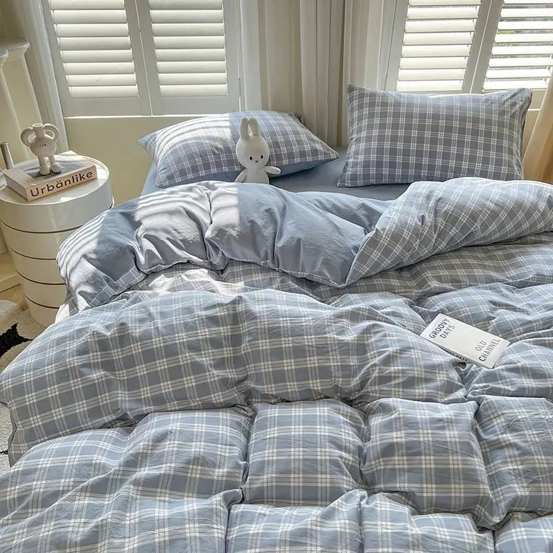 Japanese Style Duvet Cover Set No Filler Blue Plaid Pillowcase Flat Sheet Nordic Single Queen Size Bedding Set