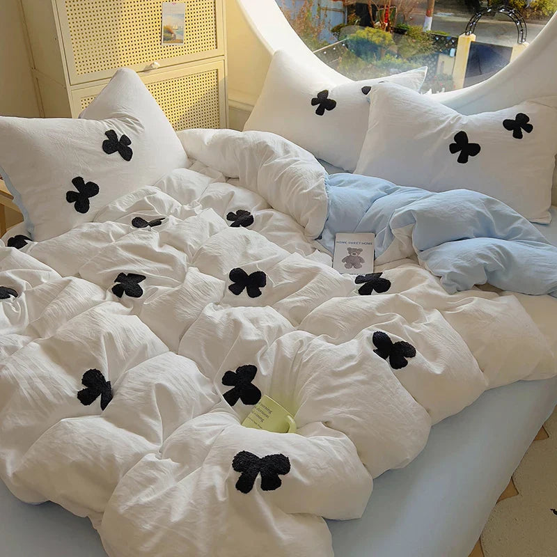 3pcs Duvet cover set (1*Duvet Cover + 2*Pillowcase, Without Core), Butterfly knot yarn embroidery Bedding Set, Soft Comfortable