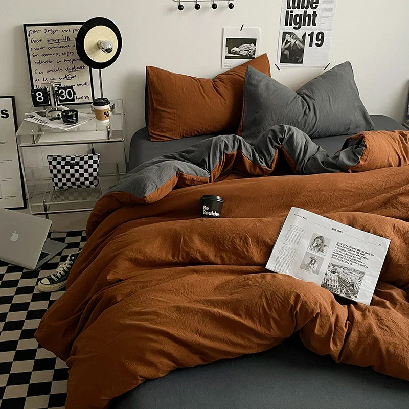 Beige Pink Bedding Set Solid 3/4pcs Home Linens Luxury Duvet Cover Pillowcase Flat Sheet Wash Cotton Twin King BedRoom Decor
