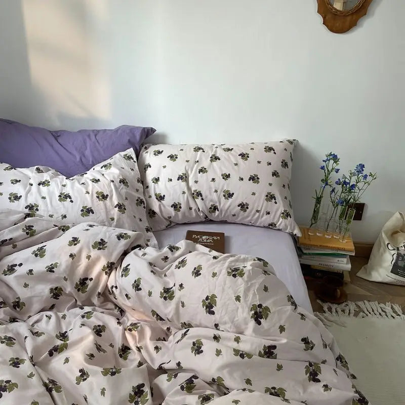 Floral Korean Style Duvet Cover Set No Filler Pillowcase Flat Sheet Twin Queen Size Boys Grils Romantic Bedding Kit