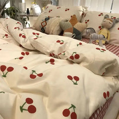 Red Cherry Plaid Duvet Cover Set with Sheet Pillowcase Soft Cover NoFilling Warm Bed Linen Twin Full Queen Size Home Bedding Set