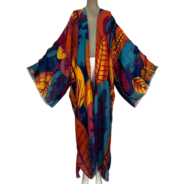 Vibrant Leaf Print Kimono Cardigan - WINI