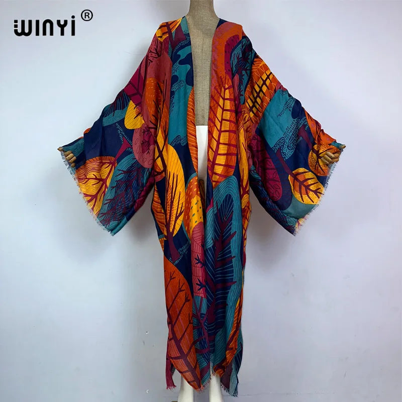 Vibrant Leaf Print Kimono Cardigan - WINI