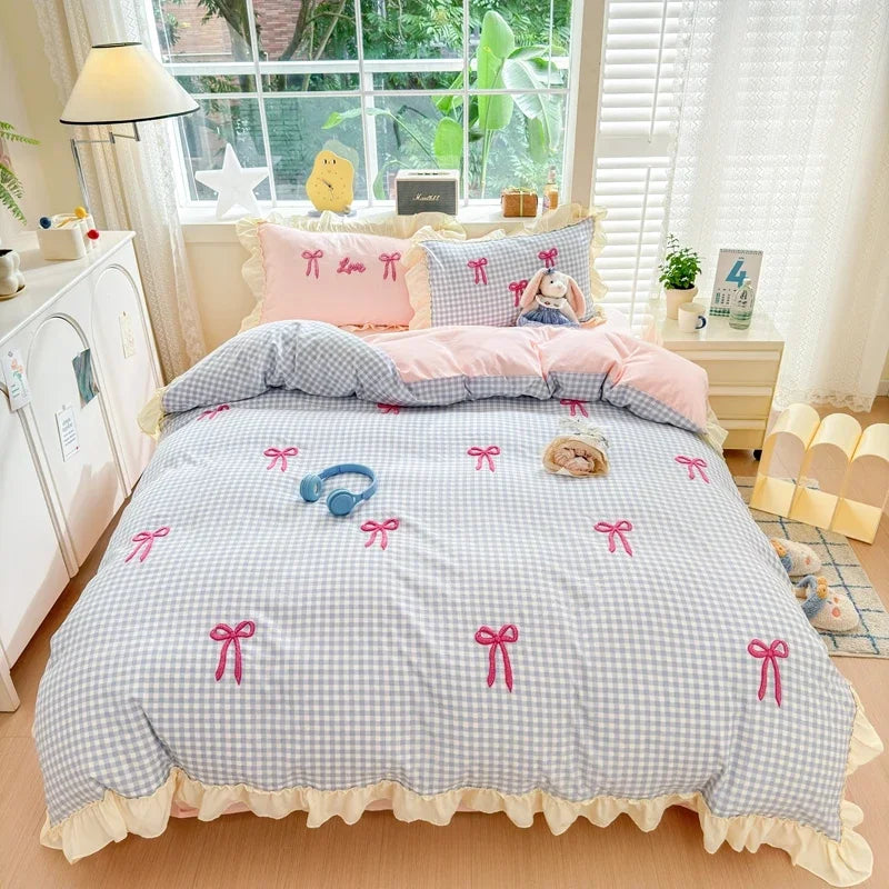 Classic Plaid Duvet Cover, Soft Lace Bedding Set, Bow Design Skin-friendly Quilt Cover, 2 Pillowcases with Different Patterns