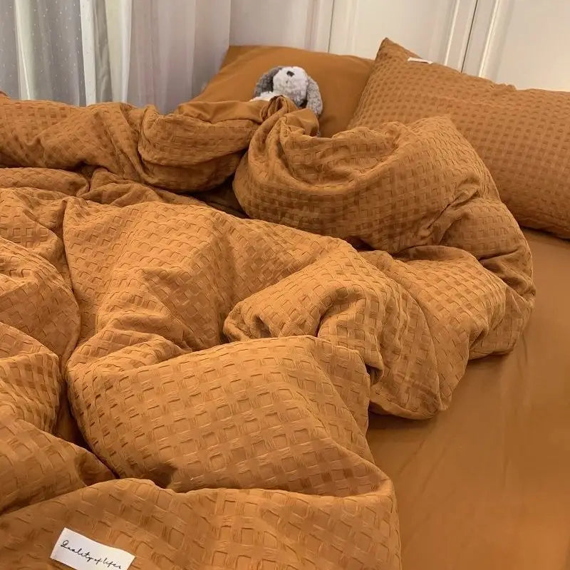 Bedding Set Luxury High Grade Light  Washable Cotton Waffle Four Piece  Olive Green Quilt Cover Bed Sheet Dormitory Three Piece