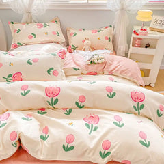 New Fashion Bedding Set Ins Floral Single Double Size Duvet Cover Flat Sheet Pillowcase Grid Solid Color Home Girls Bed Linens