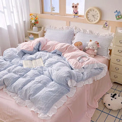 Ins Princess Style Bedding Sets Ruffle Blue Pink Girls Quilt Cover Romantic Bed Sheet Set Duvet Cover With Pillowcases 4pcs