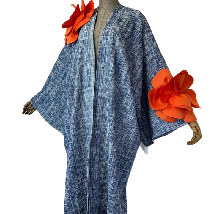 Chic Denim 3D flower  Maxi Cardigan - WINI