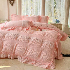 Korean Style Bed Set Seersucker Flower Embroidery Four Piece Set With Lace Bed Flat Sheet Pillowcase Duvet Cover Set Textiles