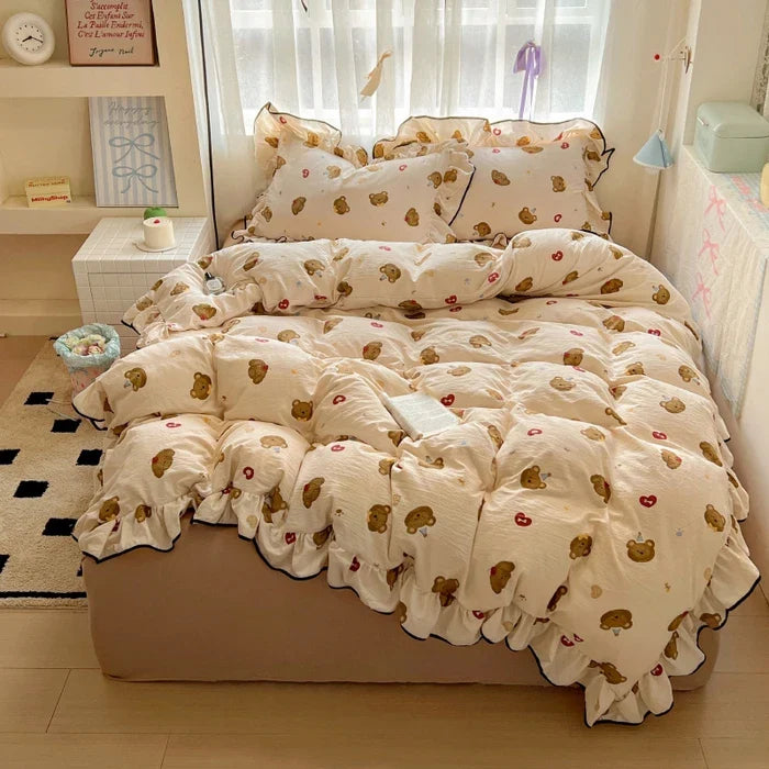 2025 new cream lace girl powder grid Korean version bed four-piece set washed cotton double-layer yarn quilt cover dormitory