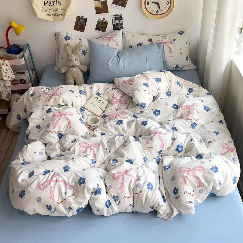Bed Linen Bedding Set A-Class Washed Cotton Four-Piece Bed Sheets Set Comfort Sets Solid  Couple Bed Quilt Cover Home Textile