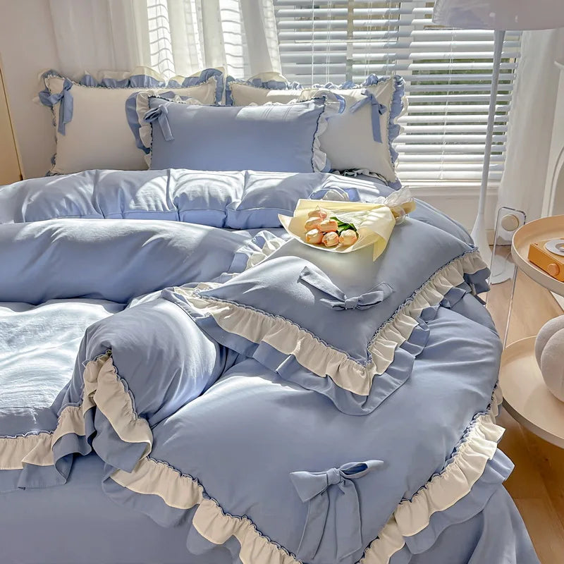 Princess Korean Style Bedding Set with Bow Pink Blue Girls Double Queen Size Duvet Cover No Filling Flat Sheet Pillowcases Kit