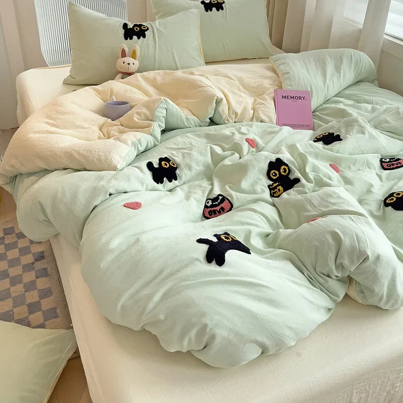 Bedding Set Super Soft Washed Cotton Towel Embroidery Duvet Cover Four Piece Set - Lucky Cat Series