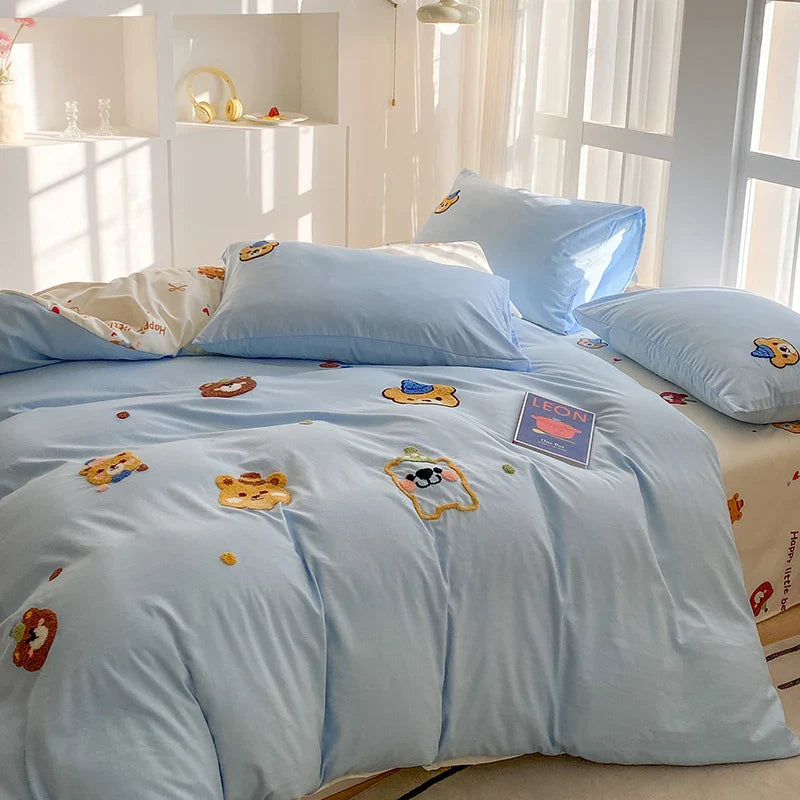 Bedding Set Ins Blue Pink lovely embroidery Mixed With Washed Cotton Minimalist Four Piece Set Fitted Sheets Duvet Cover