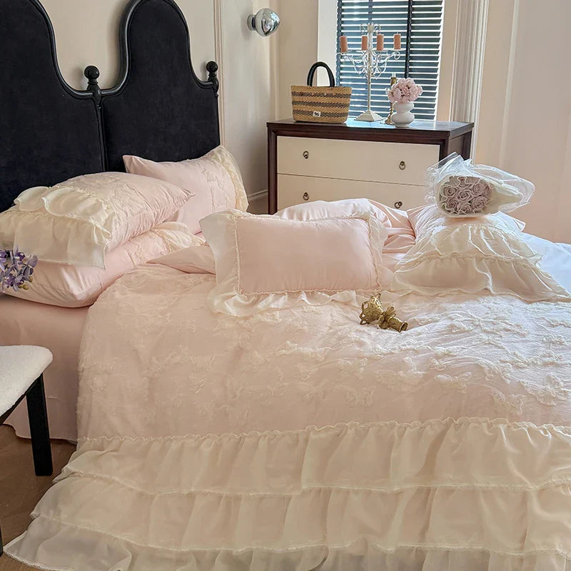 2025 Cotton Princess Bedding Sets Queen Butterflies Embroidered Chiffon Lace Elegant Soft Flat Sheet With Pillowcases 4PCS
