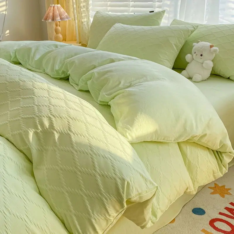 Argyle Jacquard Bedding Set Duvet Cover Pillowcases Flat Sheet Washed Cotton Solid Color Bed Linen Duvet Cover Set