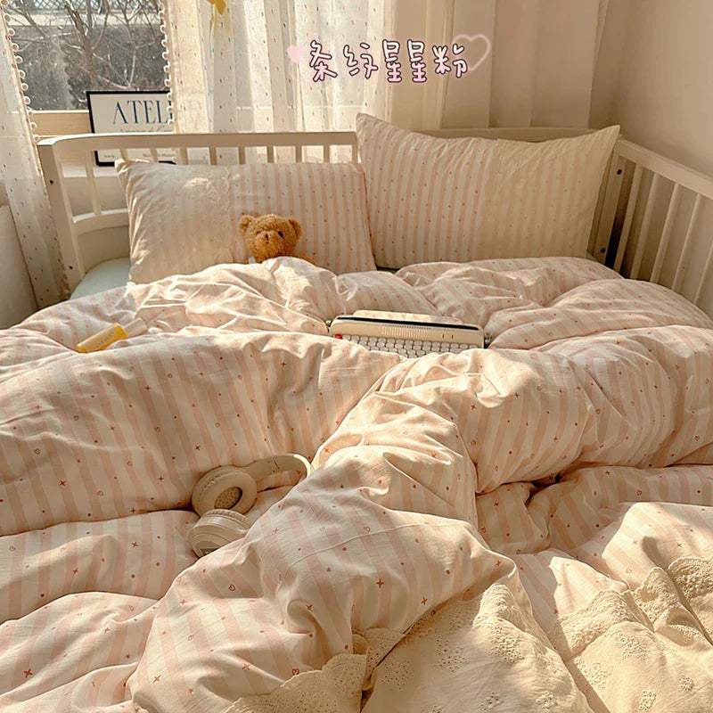 Striped Princess Bedding Set INS Nordic Girls Soft Washed Cotton Bed Flat Sheet Twin Queen Size Duvet Set Pillowcase Bed Linens