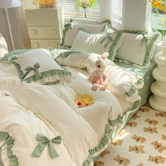 Pink Lace Ruffle Bowknot Duvet Cover Bed Skirt Linens Pillowcases Luxury Bedding Set For Girls Woman Decor Home