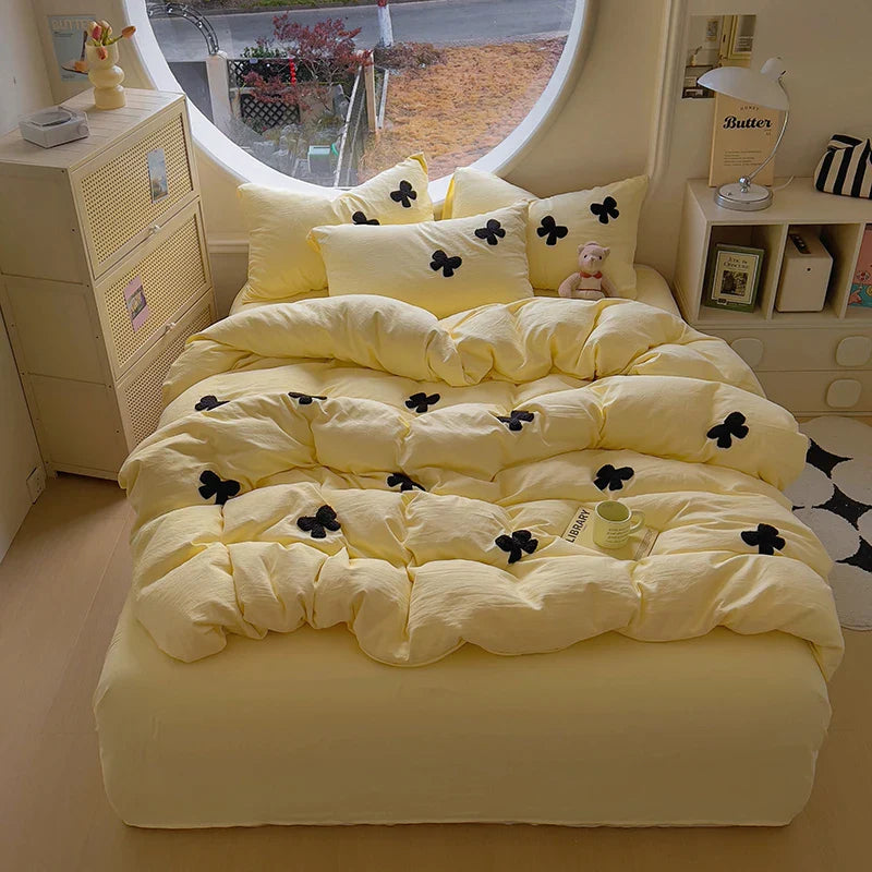 3pcs Duvet cover set (1*Duvet Cover + 2*Pillowcase, Without Core), Butterfly knot yarn embroidery Bedding Set, Soft Comfortable