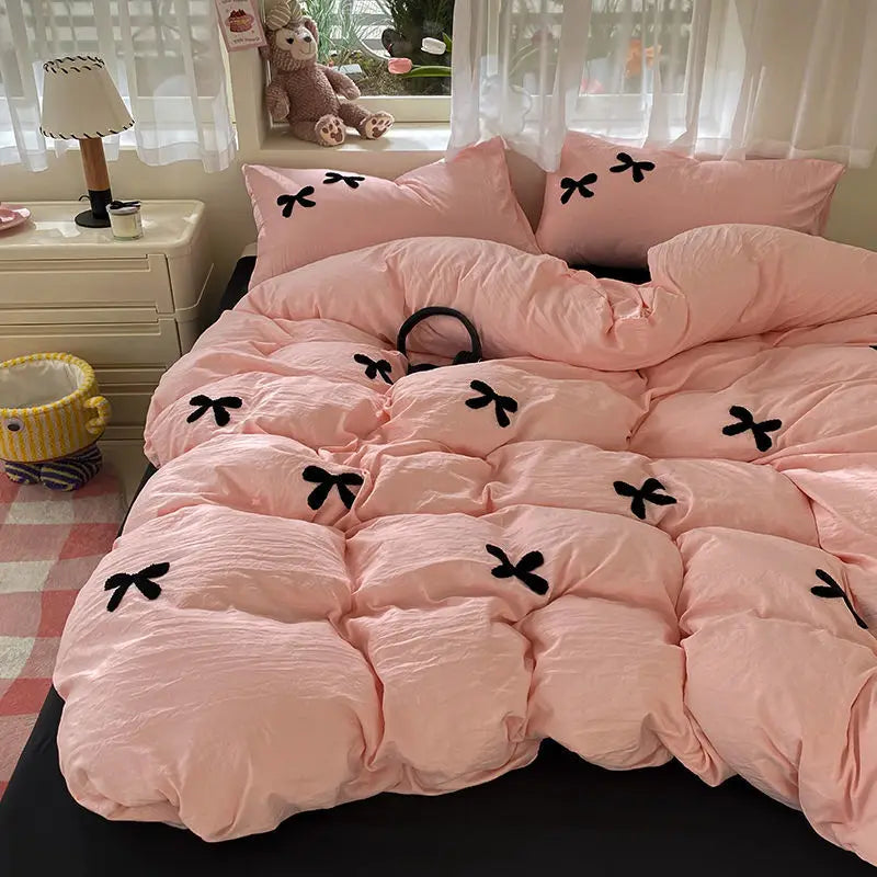 Skin Friendly Washed Cotton Bow Towel Embroidered Duvet Cover Set NO Filler Girls Princess Home Bedding Flat Sheet Pillowcase
