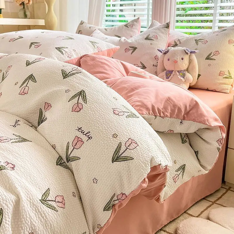 Purple Flower Duvet Cover Set Floral Bedding with Sheet Pillowcase Single Double Bed Quilt Cover for Girls Home Textiles