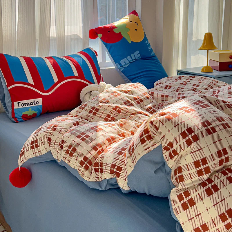 4pcs  Grid positionin bedding Set (1*Duvet Cover +1 flat sheet + 2*Pillowcase, Wool ball decorative duvet cover pillowcases