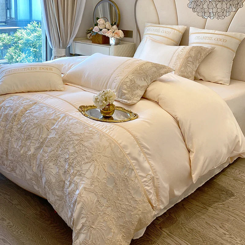 4pcs Class A High-end Long-staple Cotton Thickened Brushed Embroidery Quilt Cover Flat/fitted Bed Sheet European Bedding Set