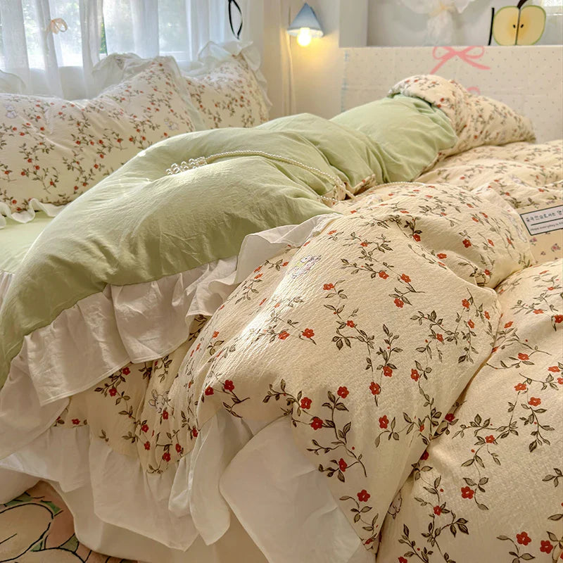 Bedding Set Korean Style New  Small Floral Water Washed Cotton Lace Duvet Cover Set Queen Size