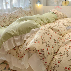 Bedding Set Korean Style New  Small Floral Water Washed Cotton Lace Duvet Cover Set Queen Size