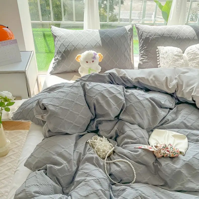 Argyle Jacquard Bedding Set Duvet Cover Pillowcases Flat Sheet Washed Cotton Solid Color Bed Linen Duvet Cover Set