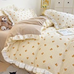 Princess Style Lace Ruffles Bedding Set Purple Tulips Duvet Cover and Flat Sheet Pillowcases Girls Romantic Floral Home Textiles