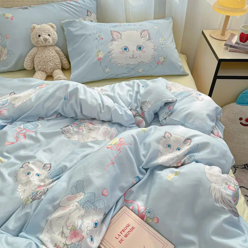 Bowknot Bedding Set Ins Girl Plaid Washed Dormitory Bed Sheet Quilt Cover Student Dormitory Three-piece Set