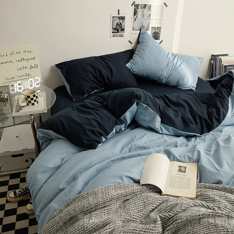 Bed Sheet Set Ins Style Double Color Washed Cotton   Bed Sheet Quilt Cover Sheet 3-piece Set Comforter Set Queen King Size