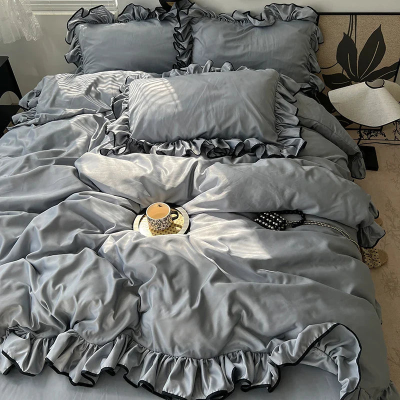 3/4Pcs Korean Princess Style Ruffles Bedding Set Skin-friendly Soft Silky Cool Feeling Duvet Cover Set Bed Sheet Pillowcases
