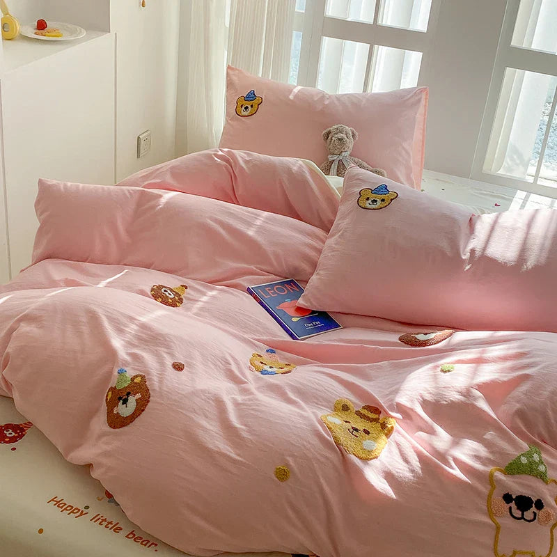 Bedding Set Ins Blue Pink lovely embroidery Mixed With Washed Cotton Minimalist Four Piece Set Fitted Sheets Duvet Cover