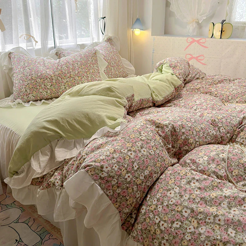 Bedding Set Korean Style New  Small Floral Water Washed Cotton Lace Duvet Cover Set Queen Size