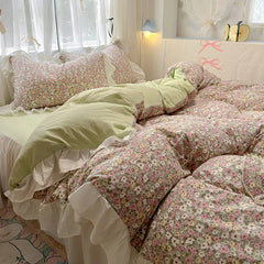Bedding Set Korean Style New  Small Floral Water Washed Cotton Lace Duvet Cover Set Queen Size