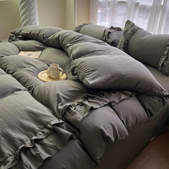 INS Princess Grey Bedding Sets 2025 Solid Color Ruffle Quilt Cover Romantic Bed Sheet Sets Girls Bedroom Duvet Cover 4pcs