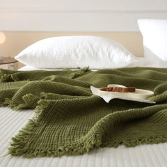 Japanese solid color retro B & B cotton four-layer yarn blanket fringed blanket