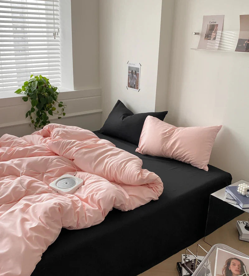 Black Rose Bedding Set Solid 3/4pcs Home Linens Contrast Duvet Cover Pillowcase Flat/Fitted Sheet King Brife Sexy Room Decor