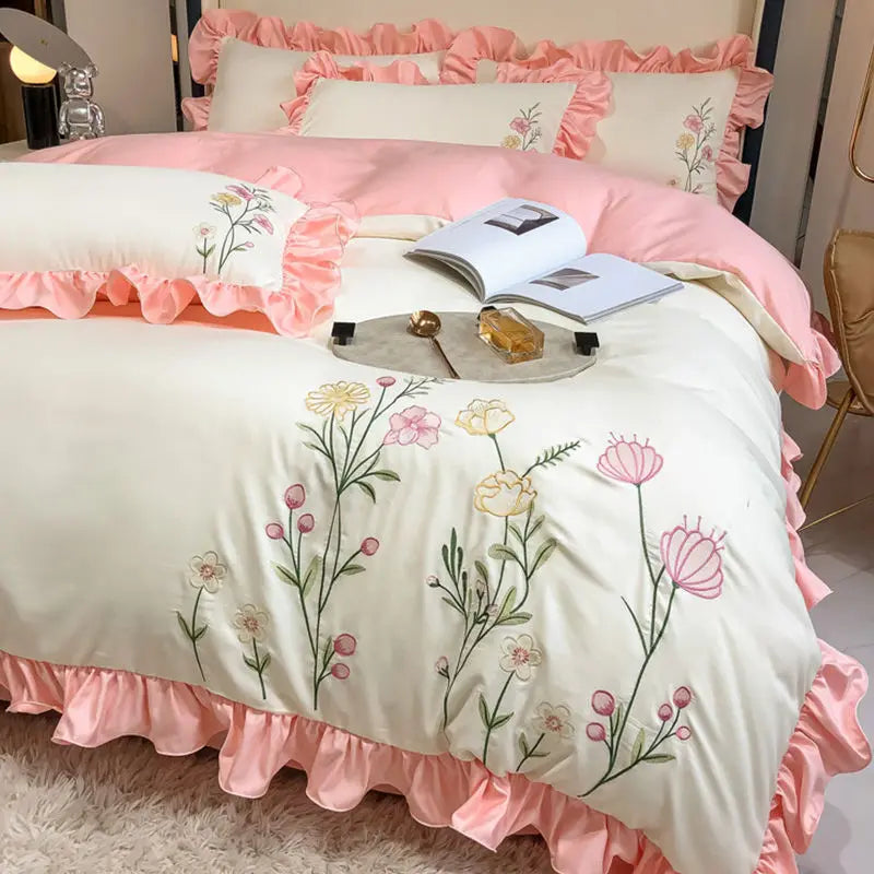 Washed Cotton Embroidery Bedroom Four-piece Set Full Quilt Cover Princess Style Queen Bed Sheet King Bedding Three-piece Bedding