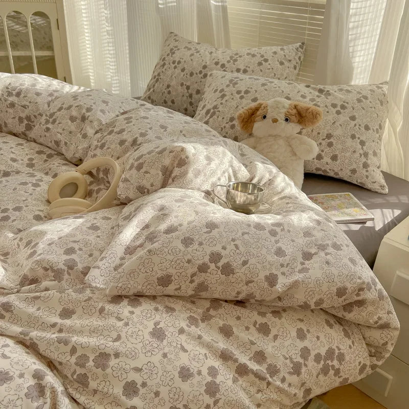 2025 new class A aerobic knitted cotton printing small fresh four-piece set, bed sheet, bed hat four-piece set