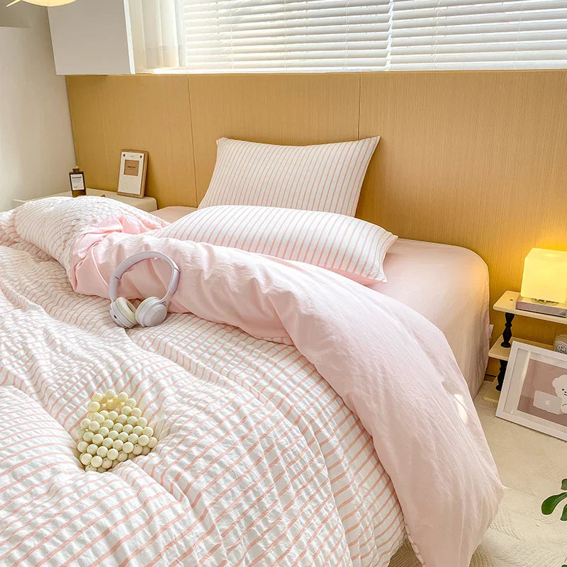 Green Striped Duvet Cover Pillowcase and Solid Color Sheet INS Bedding Set Adult Girls Bedclothes Washed Cotton Bed Linens