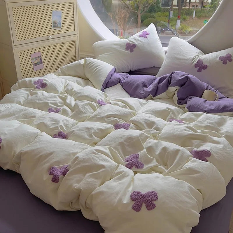 4pcs Duvet cover set (1*Duvet Cover + 2*Pillowcase, sheet), Butterfly knot yarn embroidery Bedding Set, Soft Comfortable