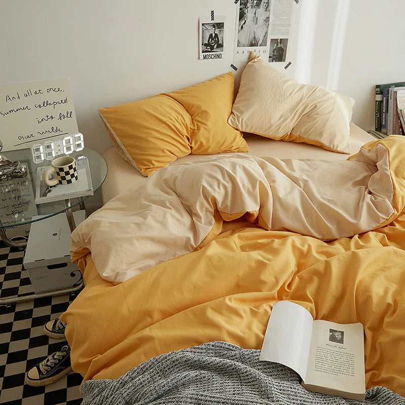 Bed Sheet Set Ins Style Double Color Washed Cotton   Bed Sheet Quilt Cover Sheet 3-piece Set Comforter Set Queen King Size