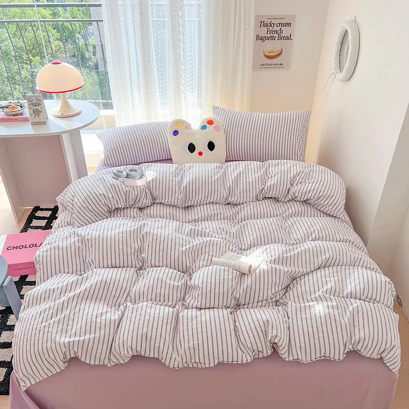 Stripe Style Duvet Cover Pillowcase with Bedsheet Soft Bed Linen Sets Skin-friendly Bedding Set for Home