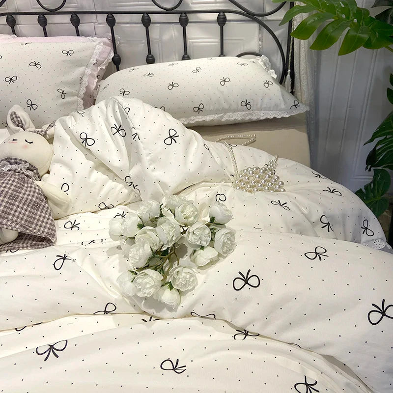 2025 Princess Bedding Set Lace Bow Simple Fresh Duvet Cover Flat Fitted Sheet Pillowcases Home Textile For Women Girl Queen Size